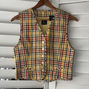 Vintage Liz Sport Yellow/Multi Colored Plaid Button Front Vest 1980’s